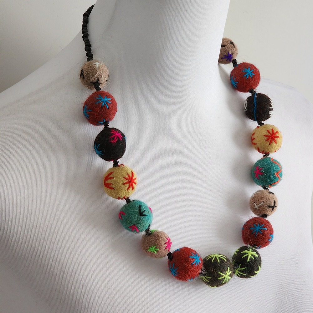 Felt Wool Ball Necklace Embroidered Boho Ethnic Statement Piece Artsy Indie